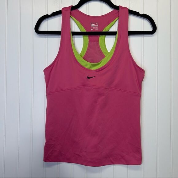Nike Performance Center Swoosh Women Size M Tank Top Pink Green Built-In Bra - Picture 1 of 11